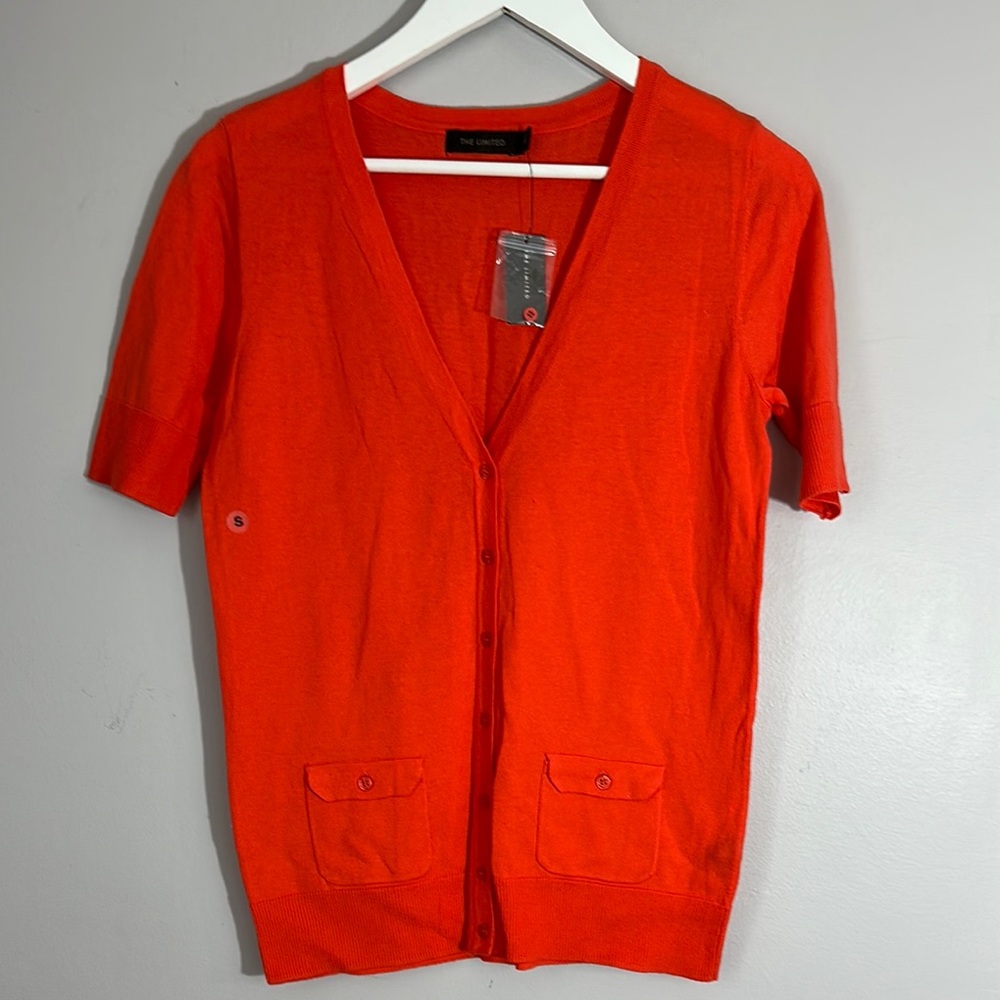 Cardigan Sweater Button Down Open Knit Short Sleeve Orange Size S NWT